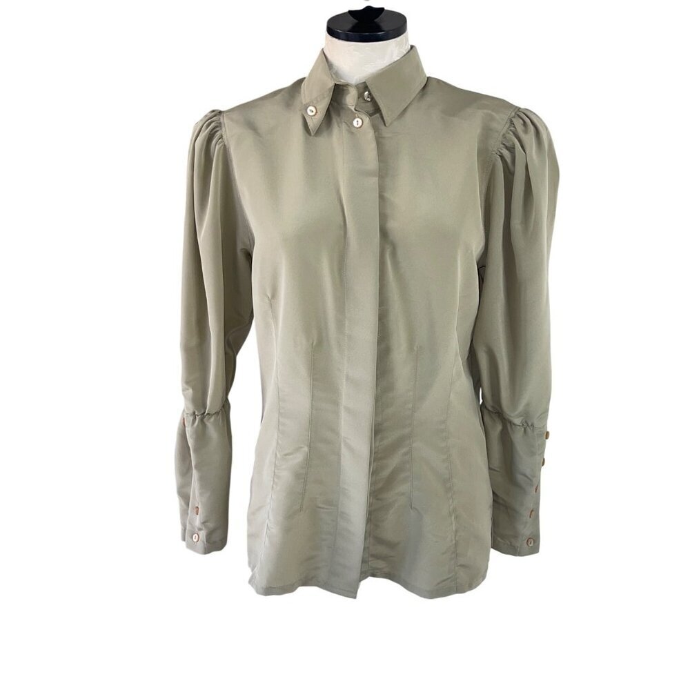 Dino Valiano Vintage Womens Blouse Size Small Beige Bishop Sleeve Casual